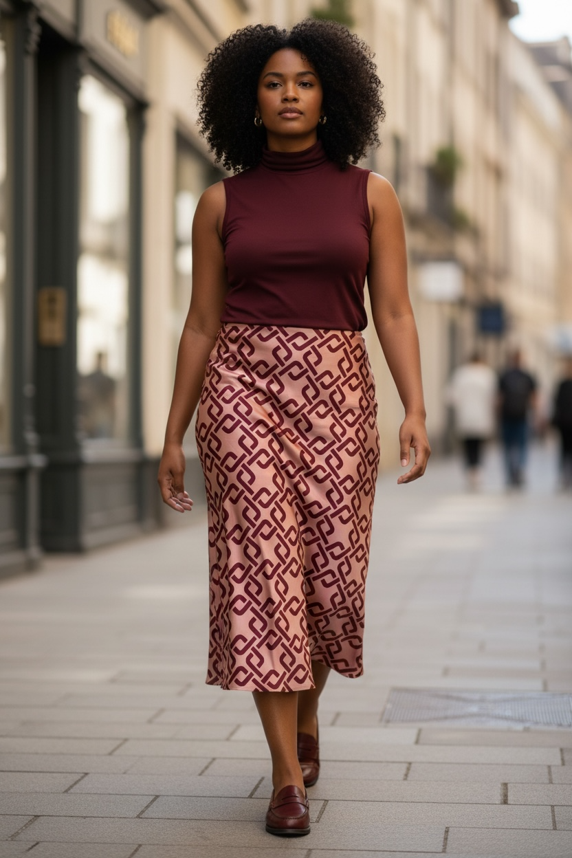 Gonna Nina in satin Mocha Mousse e greche bordeaux