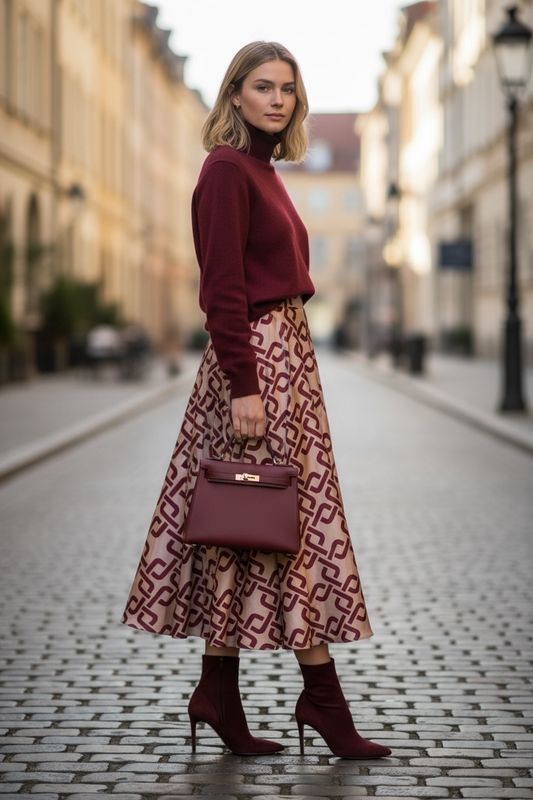 Gonna Malu’ in satin Mocka Mousse e Bordeaux greche