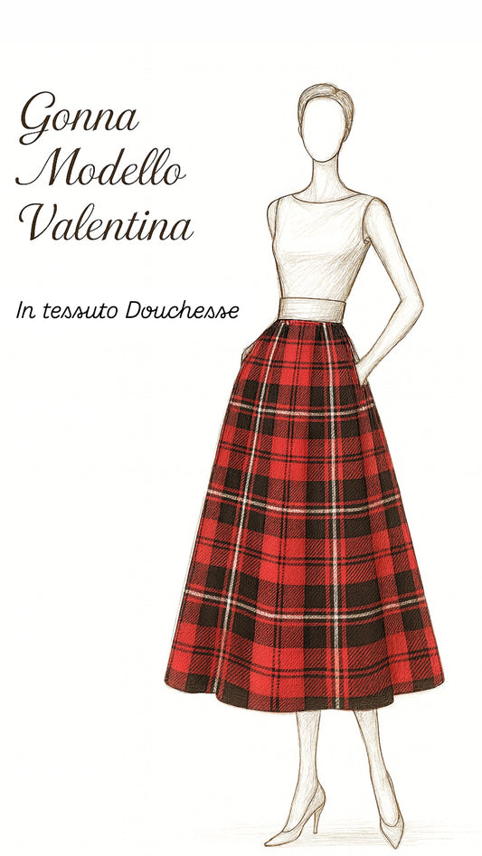 Gonna Valentina Tartan Tessuto Douchesse Scozzese Rosso e Nero