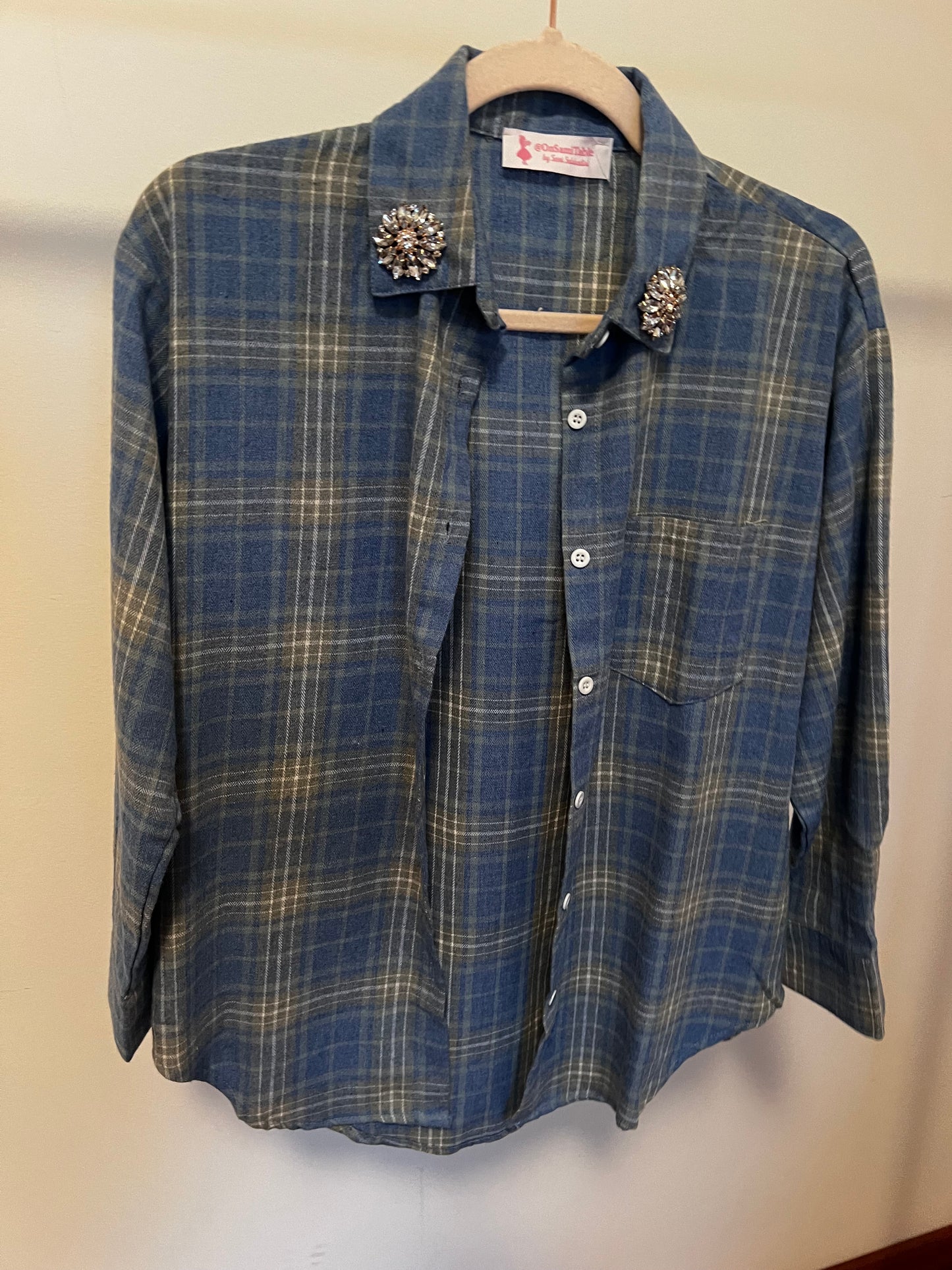Camicia Azzurra Quadri Marroni e fiori