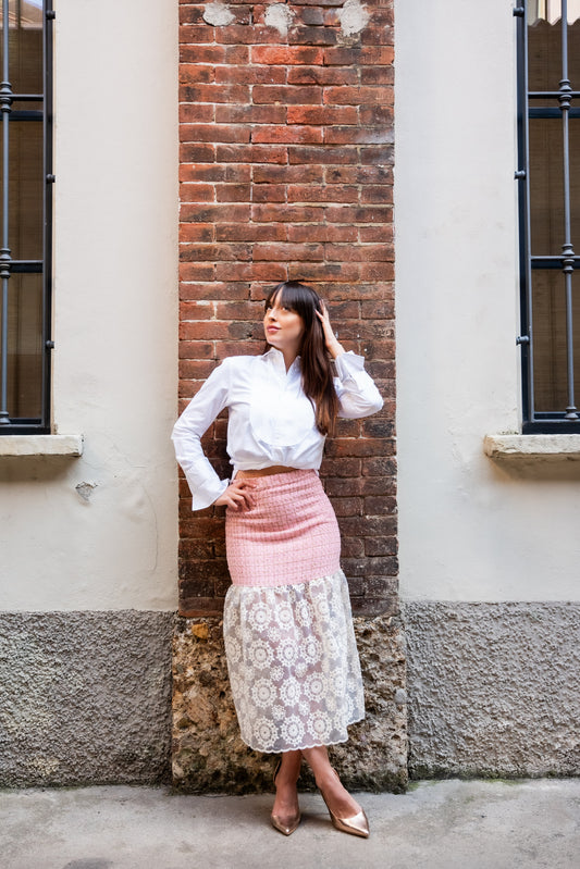 Gonna Kiki lunga in tweed rosa con Balza organza ricamata