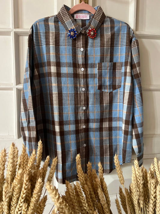 Camicia Azzurra Quadri Marroni e fiori