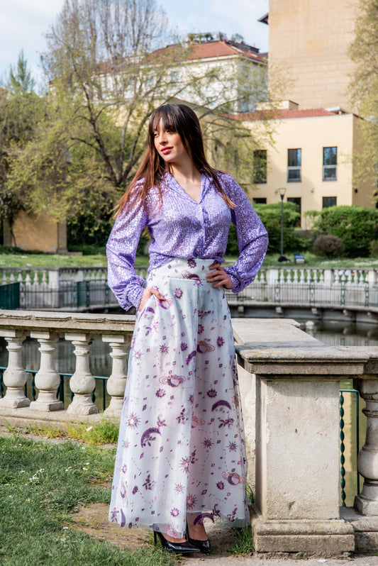 Gonna VALENTINA organza e paillettes lilla LUXURY EDITION