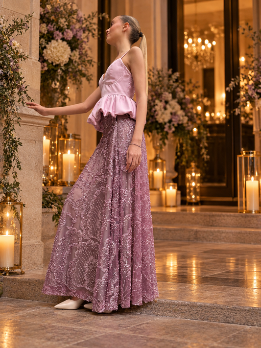 Gonna Valentina Paillettes e Cristalli LUXURY EDITION malva
