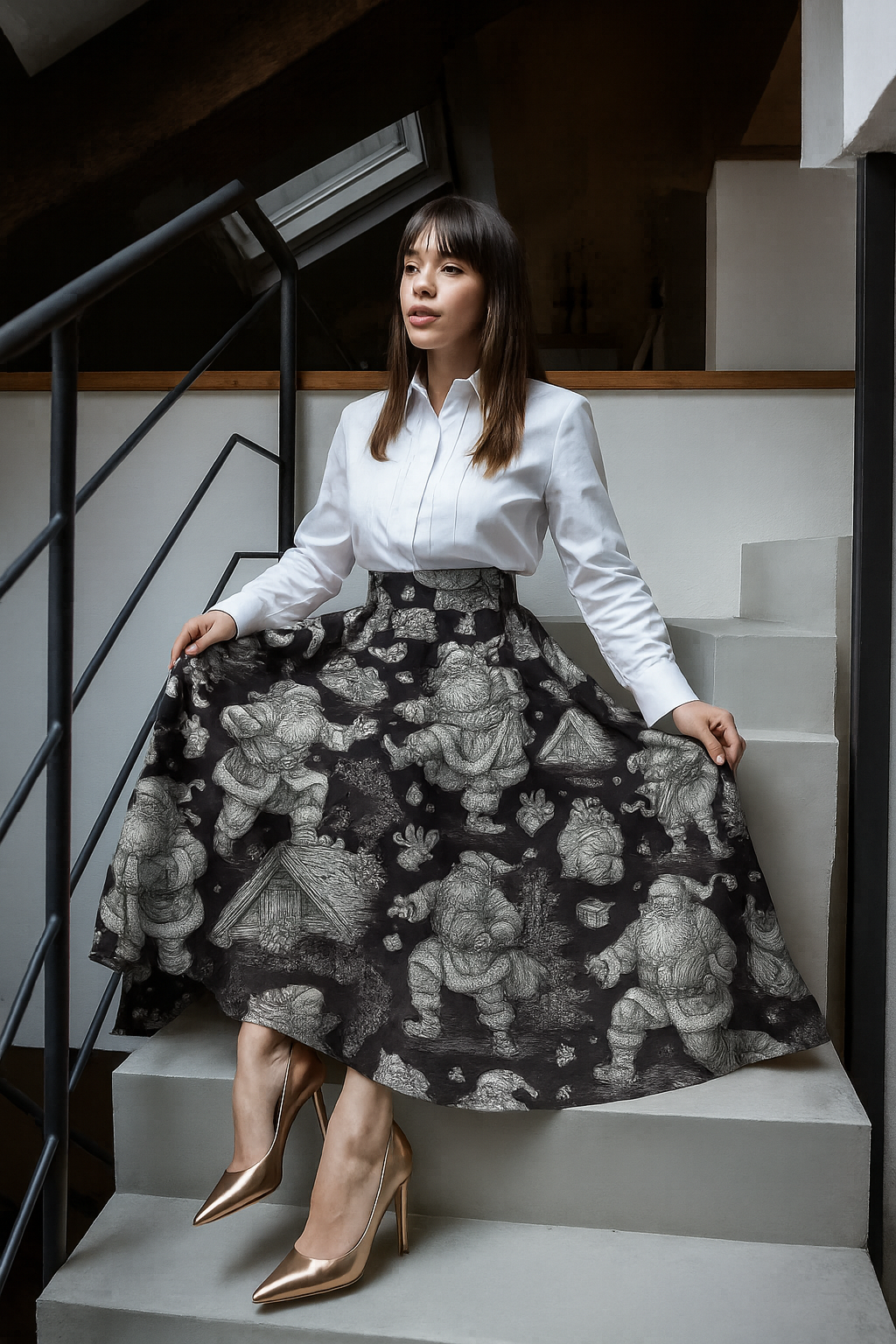 Gonna Valentina Babbo Natale  Tessuto Douchesse Nero