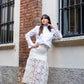 Gonna Kiki lunga in tweed panna con Balza organza ricamata