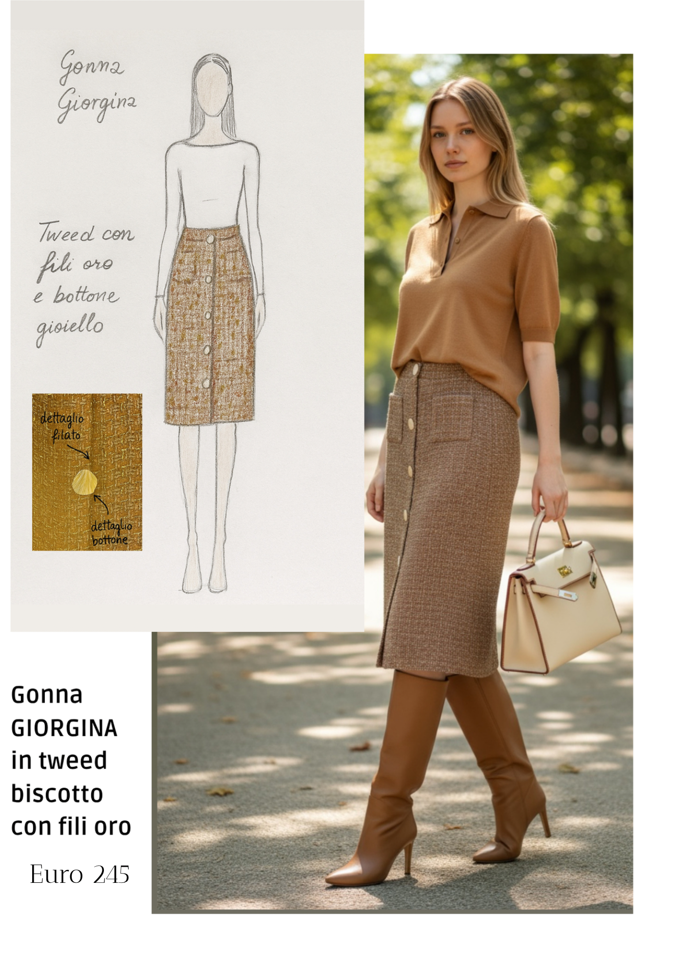 Gonna Giorgina Tweed Biscotto con Bottoni Gioiello