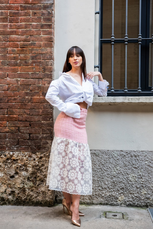 Gonna Kiki lunga in tweed rosa con Balza organza ricamata