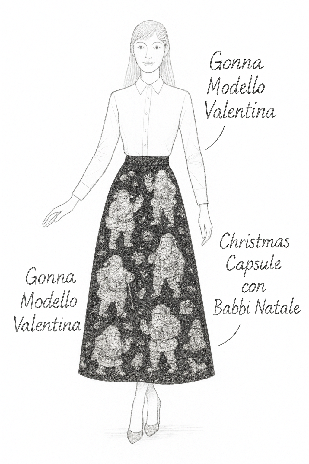 Gonna Valentina Babbo Natale  Tessuto Douchesse Nero