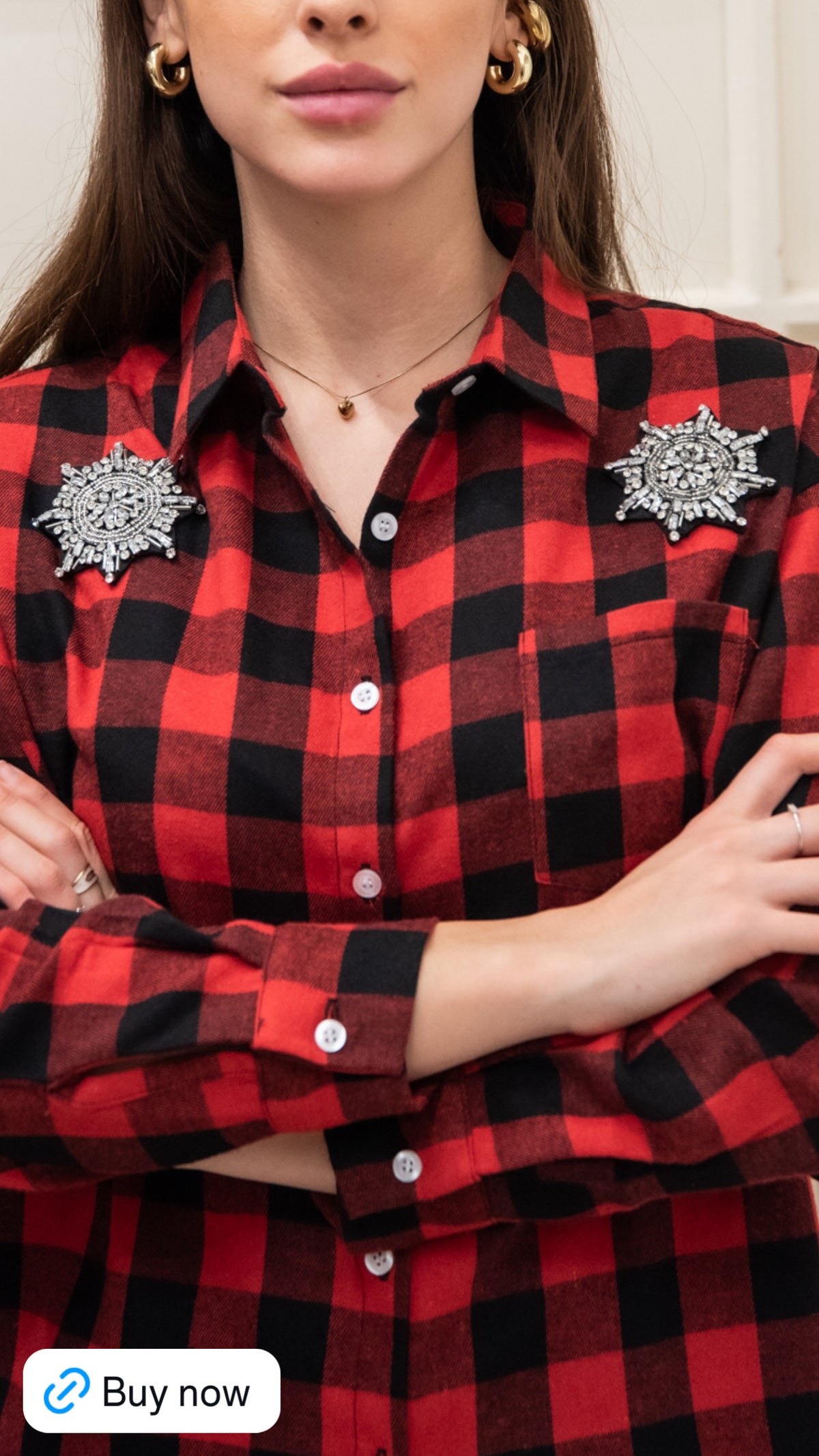 Camicia rossa quadri neri e fiocchi di neve
