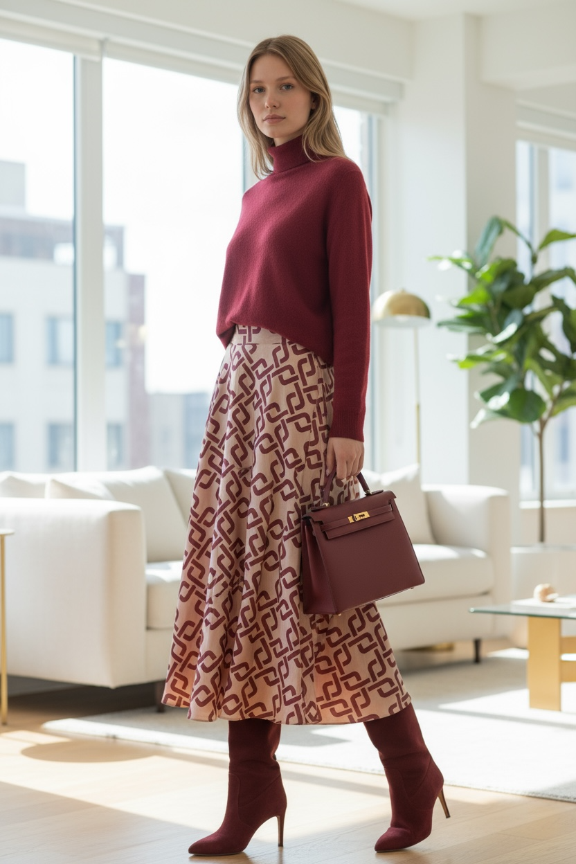 Gonna Malu’ in satin Mocka Mousse e Bordeaux greche