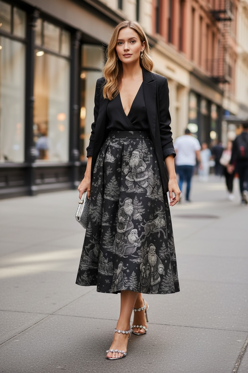 Gonna Valentina Babbo Natale  Tessuto Douchesse Nero