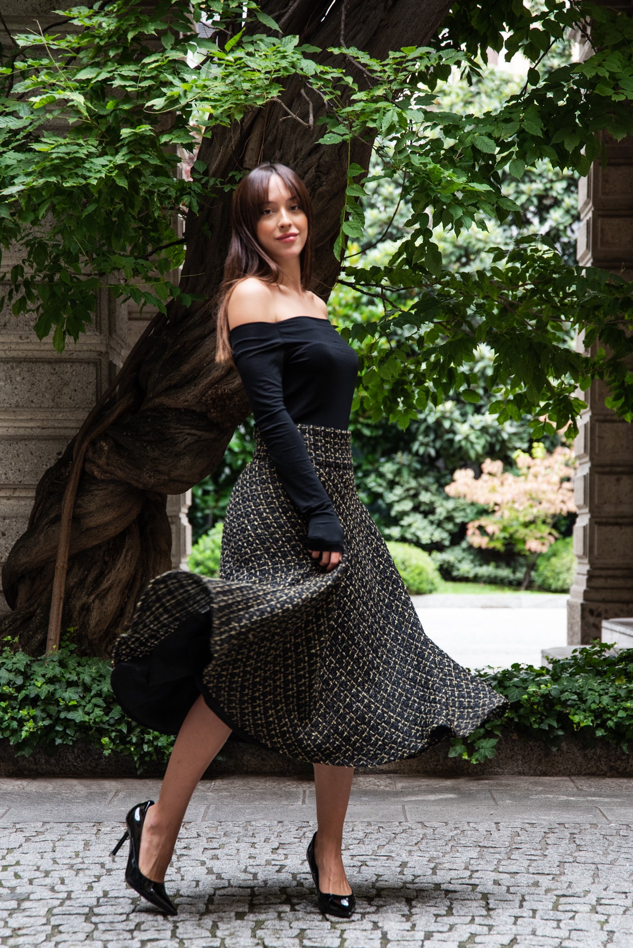 Gonna Valentina Midi’ Tweed Nero e Oro