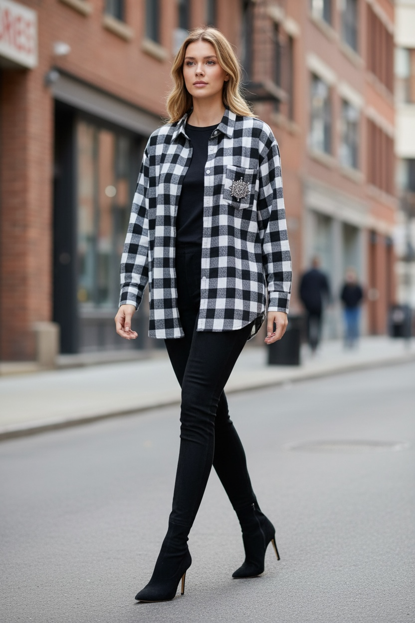 Camicia Bianca Quadri neri fiocco di neve