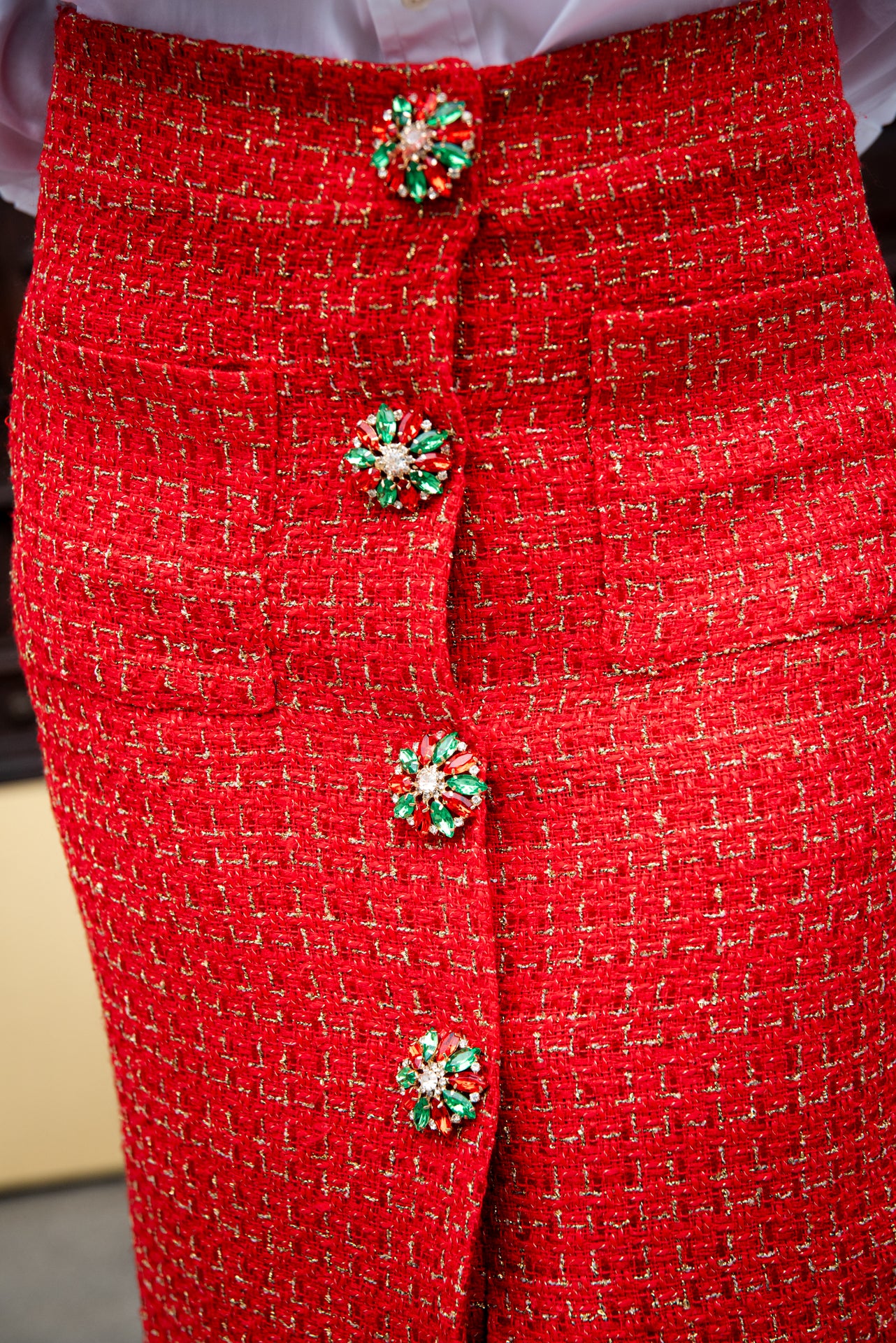 Gonna Giorgina Tweed Rosso con Bottoni Gioiello