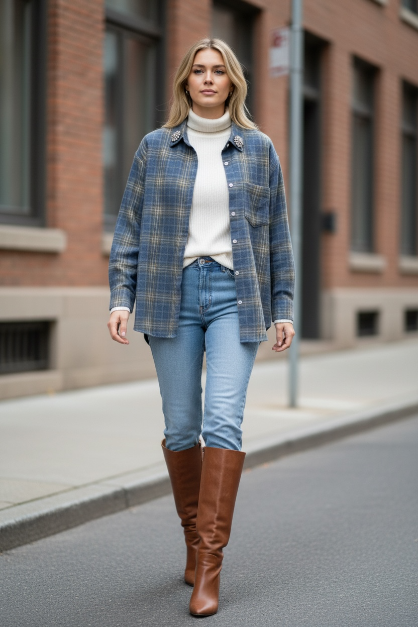 Camicia Azzurra Quadri Marroni e fiori