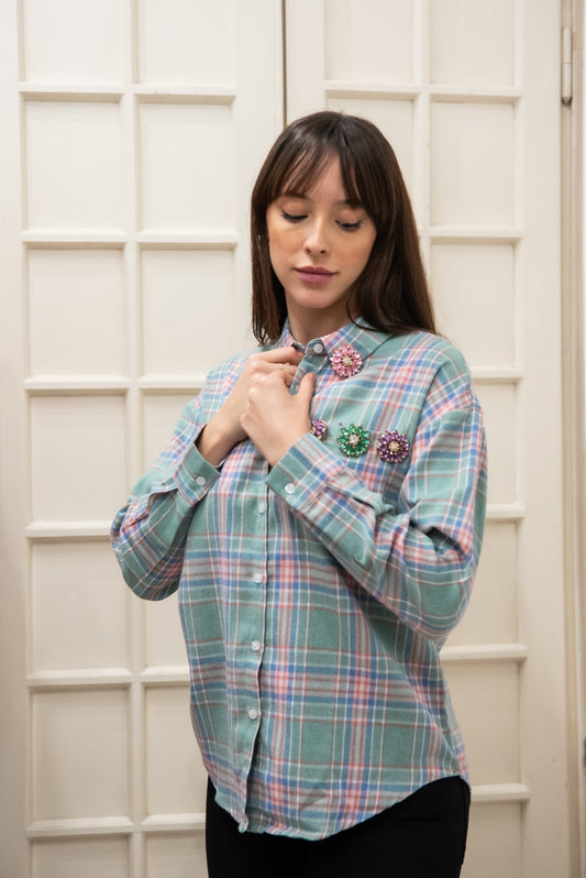 Camicia Verde quadri Rosa con Fiori