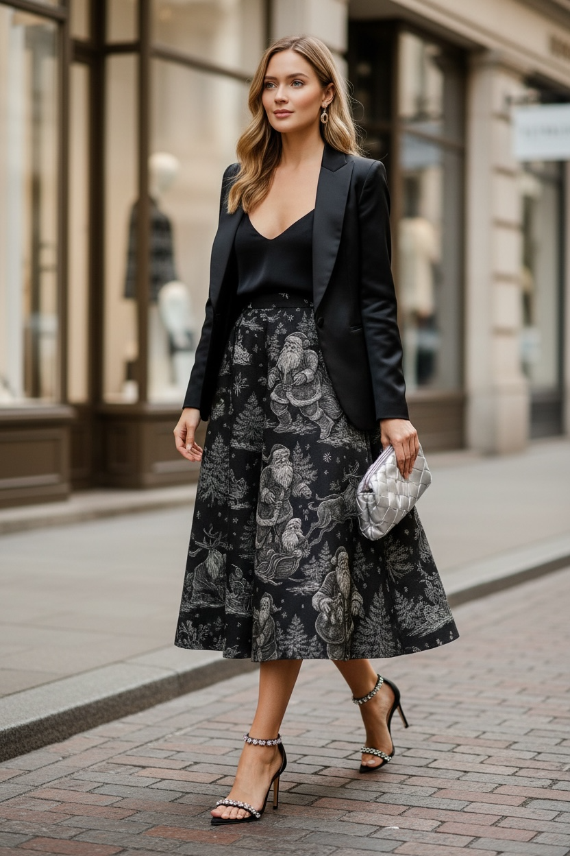 Gonna Valentina Babbo Natale  Tessuto Douchesse Nero