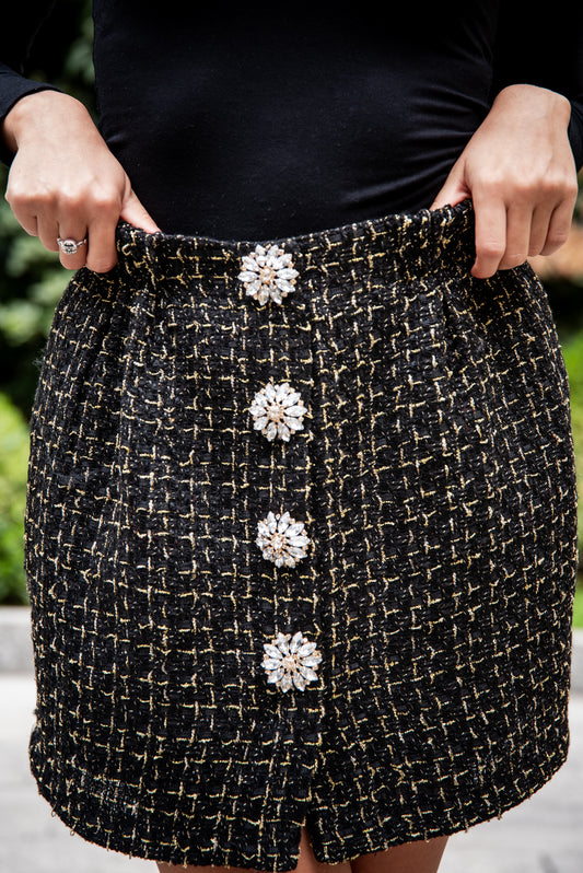 Gonna Tiziana Tweed Nero Bottoni gioiello
