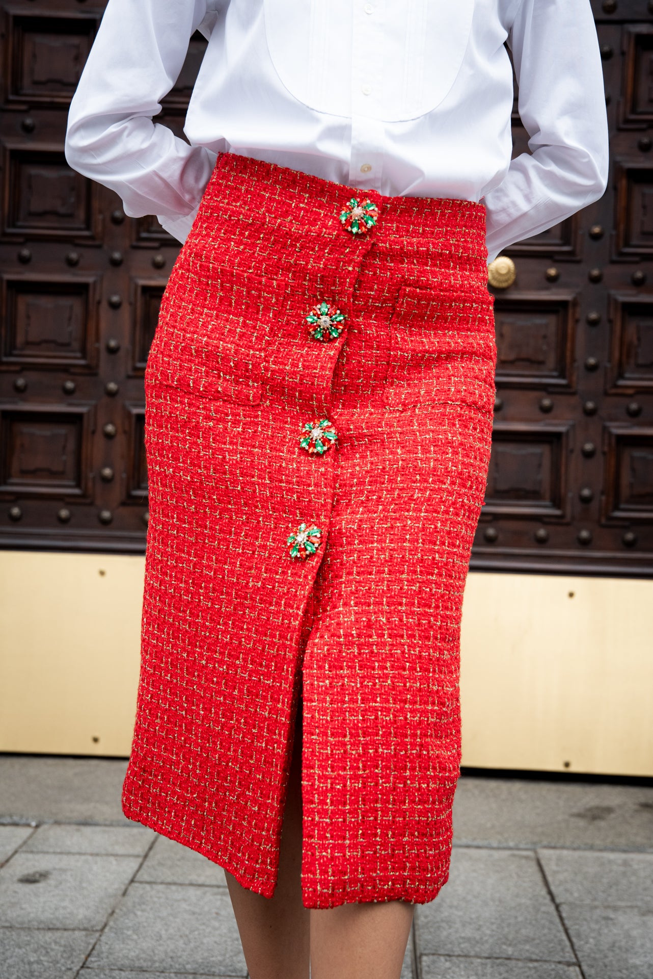 Gonna Giorgina Tweed Rosso con Bottoni Gioiello