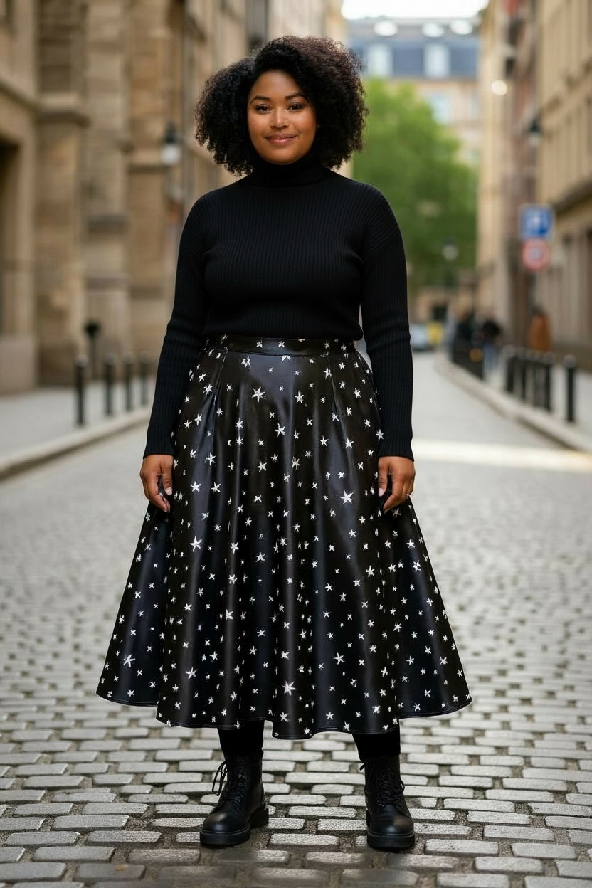 Gonna Malu’ Curvy in satin nero motivo stelle