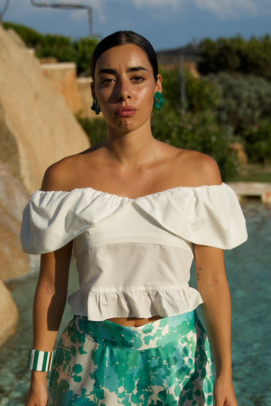 Top in cotone con volant e spalle scoperte bianco
