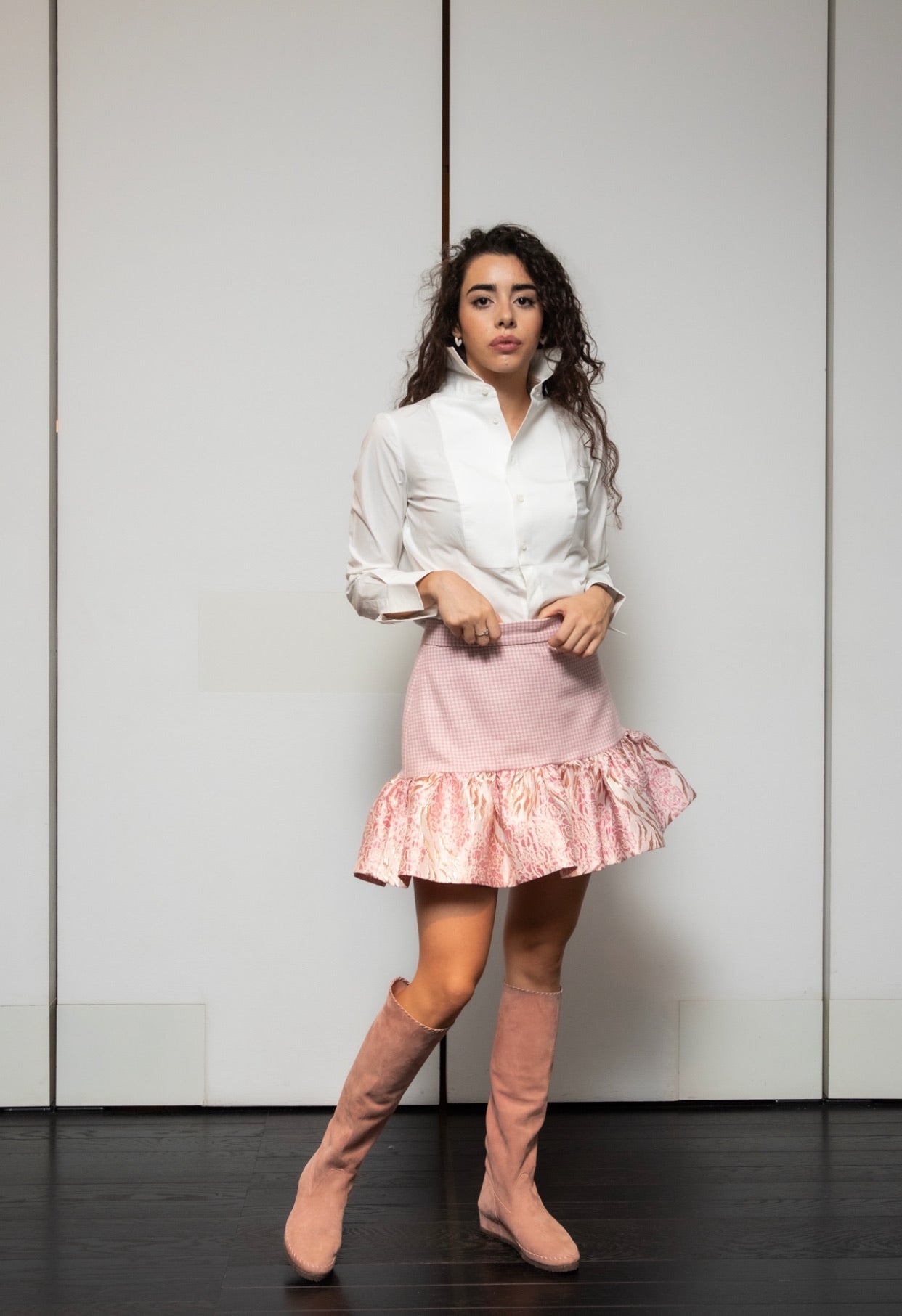 Gonna Kiki in Lana con Balza in Broccato Rosa Cipria