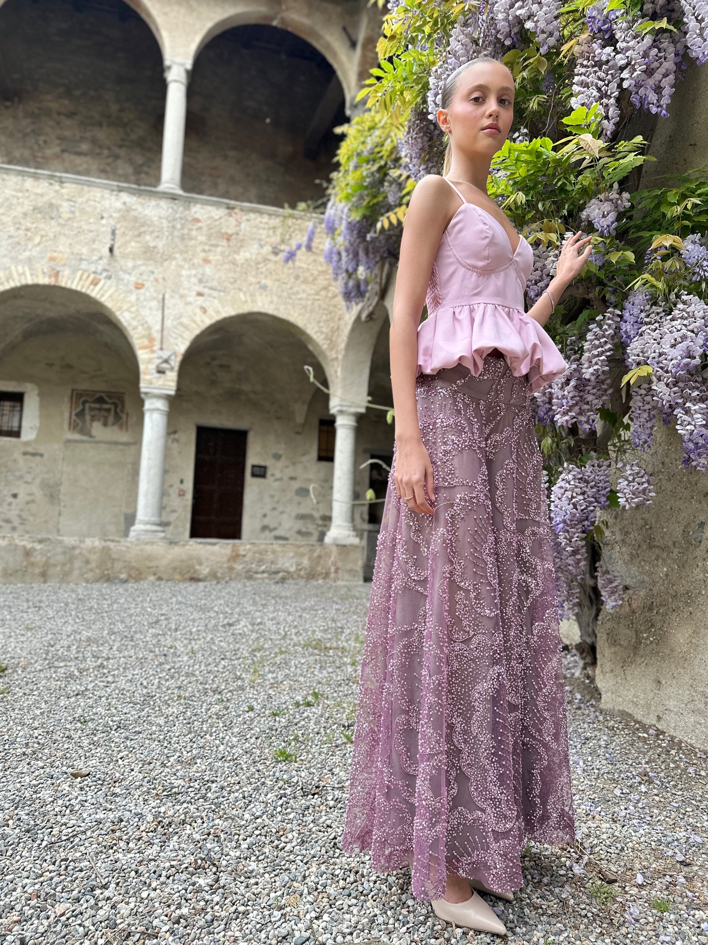 Gonna Valentina Paillettes e Cristalli LUXURY EDITION malva