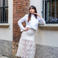 Gonna Kiki lunga in tweed panna con Balza organza ricamata