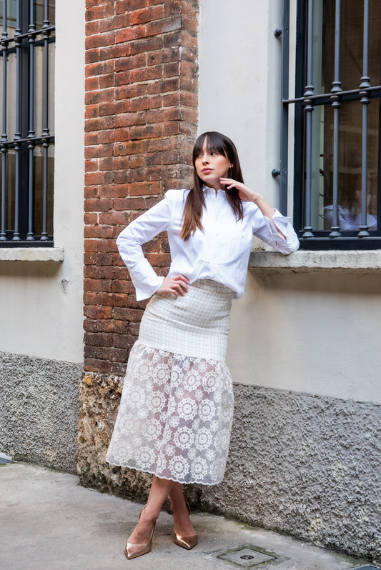 Gonna Kiki lunga in tweed panna con Balza organza ricamata