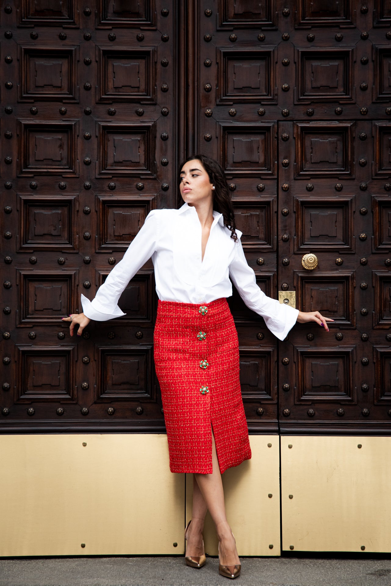 Gonna Giorgina Tweed Rosso con Bottoni Gioiello