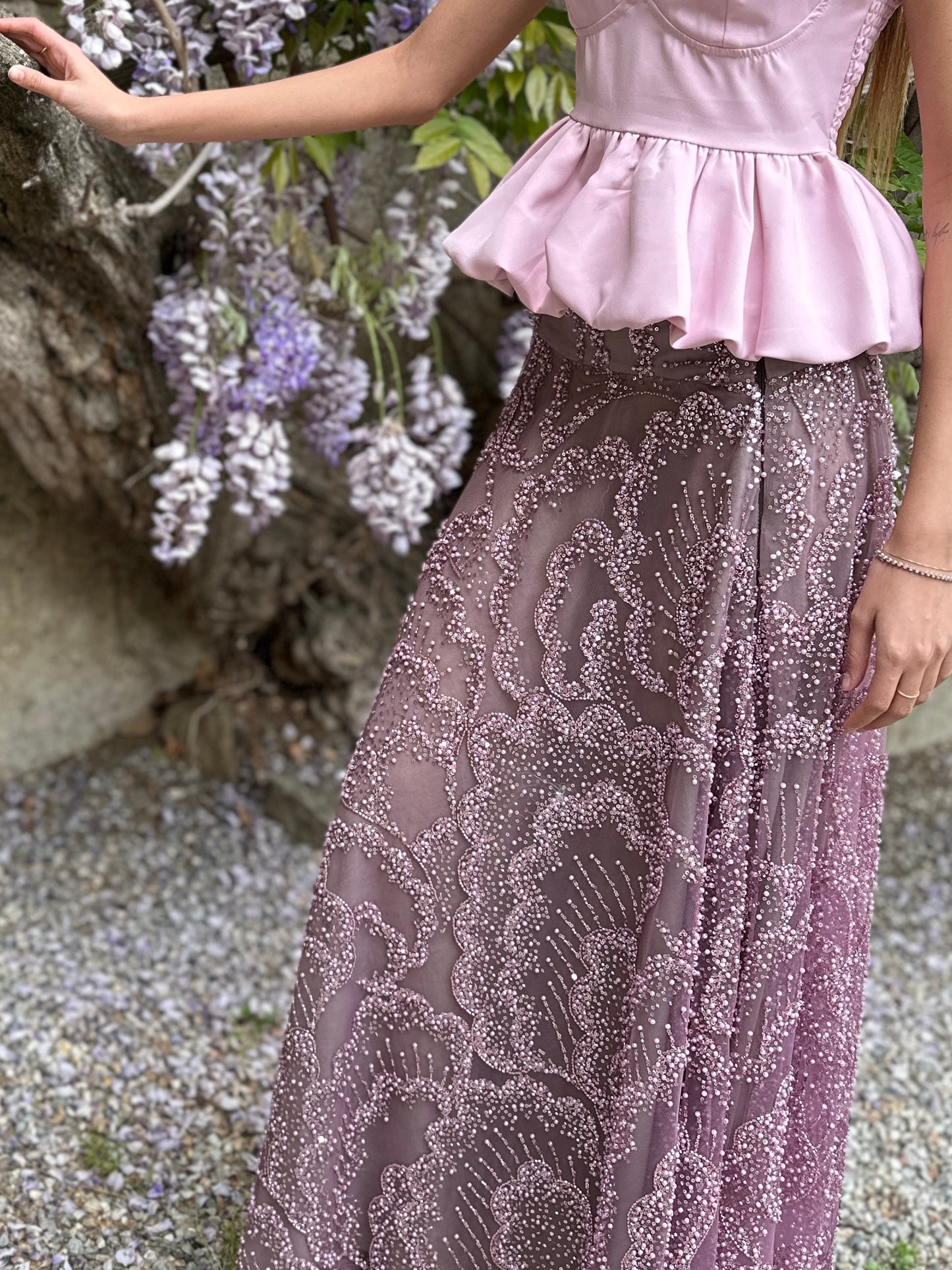 Gonna Valentina Paillettes e Cristalli LUXURY EDITION malva