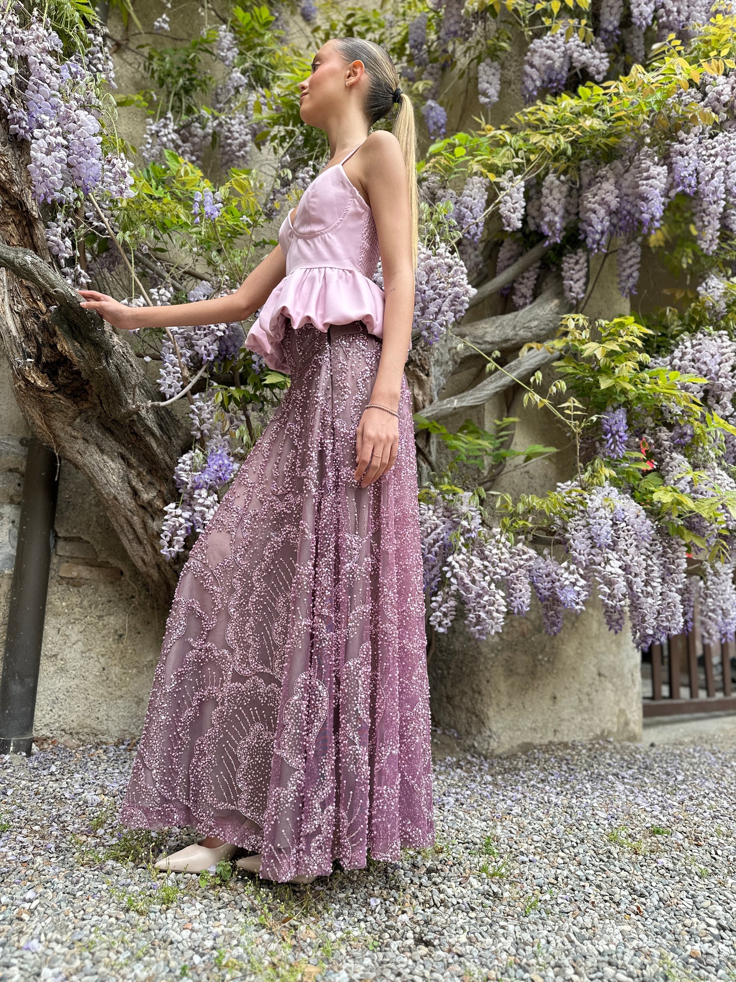 Gonna Valentina Paillettes e Cristalli LUXURY EDITION malva