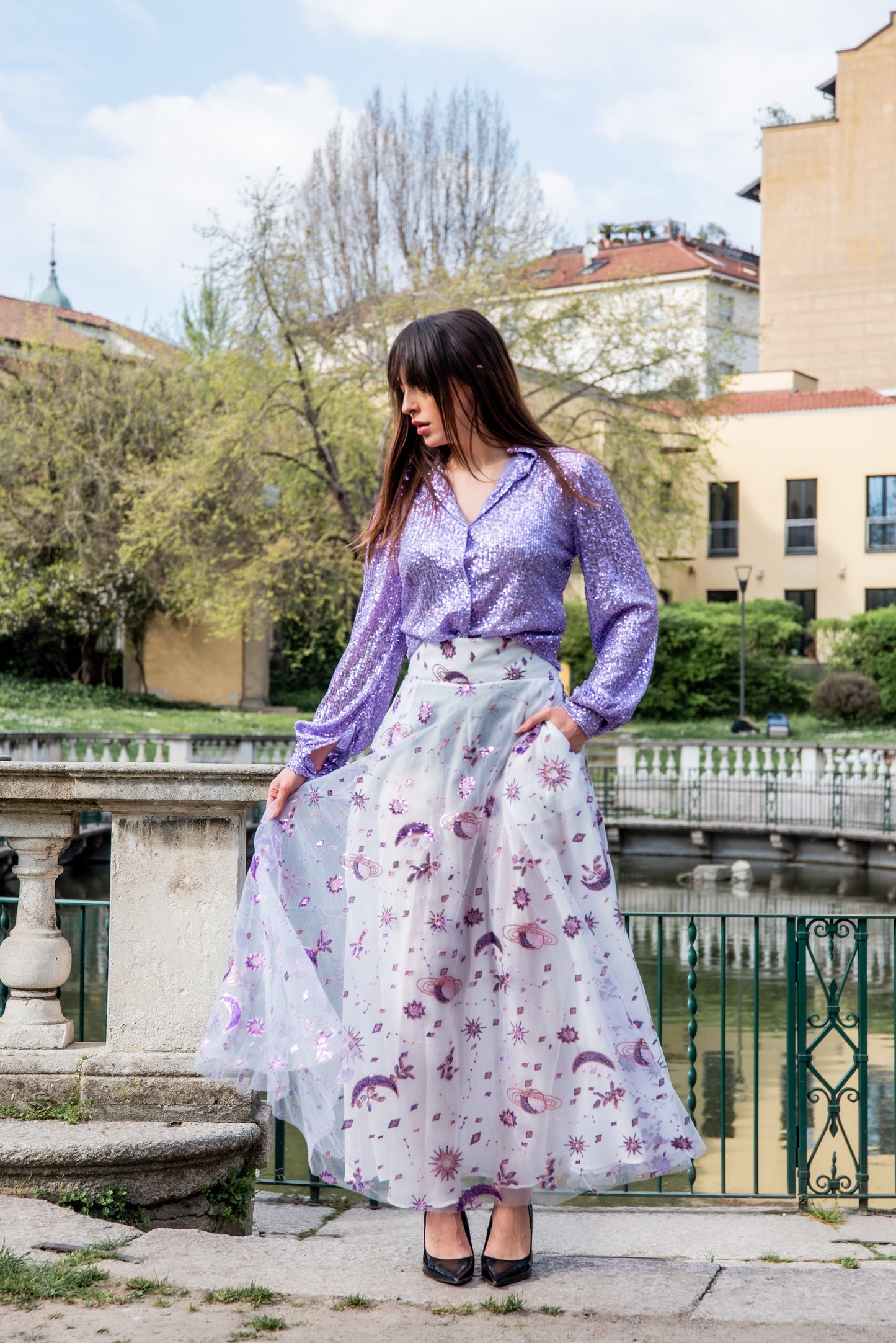 Gonna VALENTINA organza e paillettes lilla LUXURY EDITION