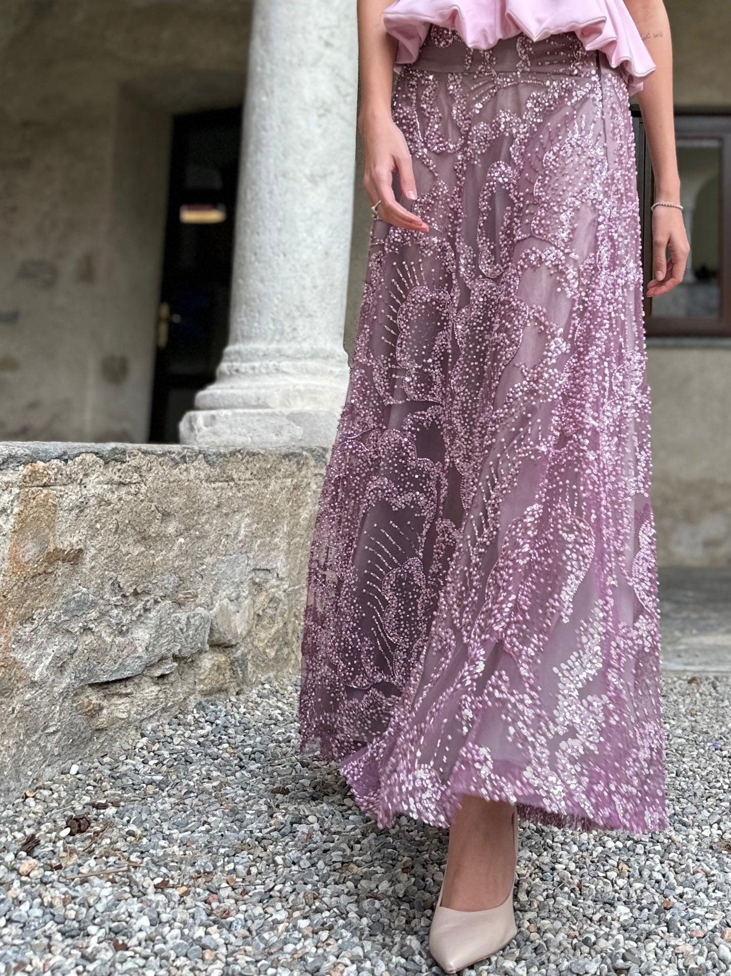 Gonna Valentina Paillettes e Cristalli LUXURY EDITION malva