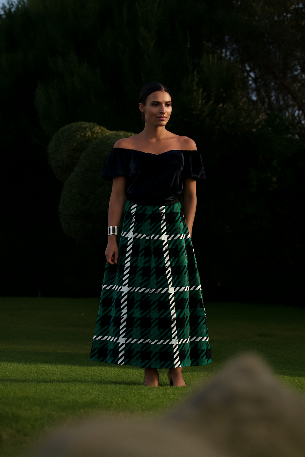 Gonna Valentina Tartan Tessuto Douchesse Verde e Nero