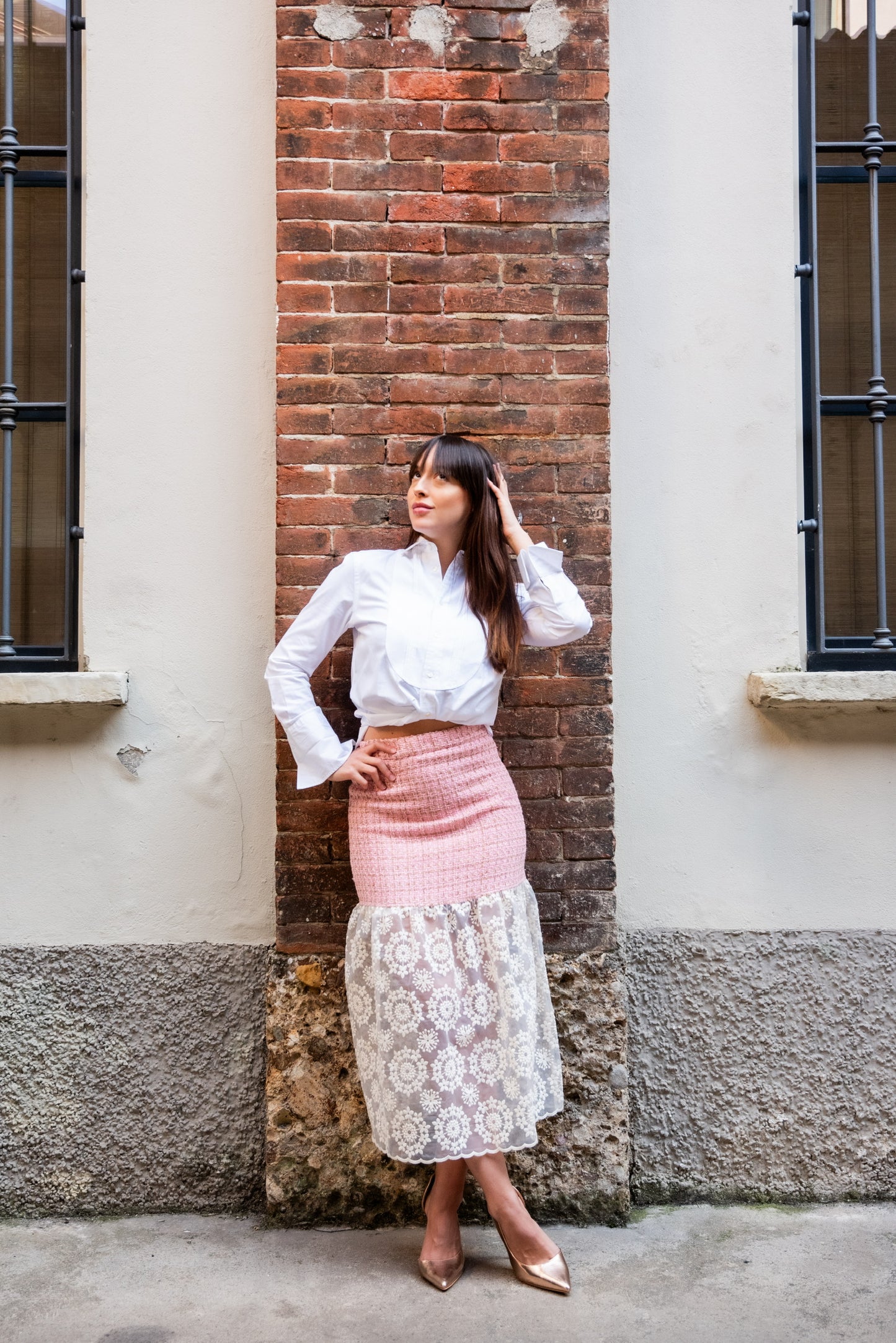 Gonna Kiki lunga in tweed rosa con Balza organza ricamata