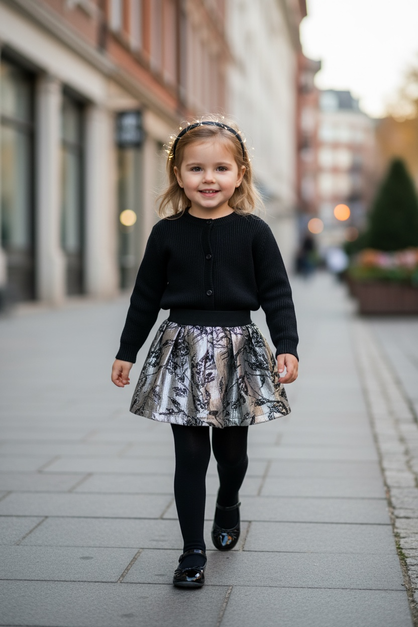 Gonna KIDS bicolore Duble lana nera e broccato argento