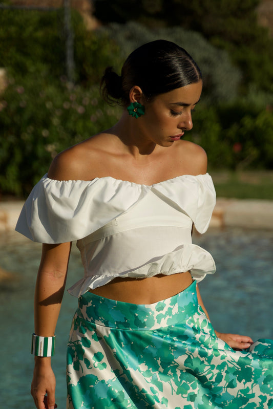 Top in cotone con volant e spalle scoperte bianco