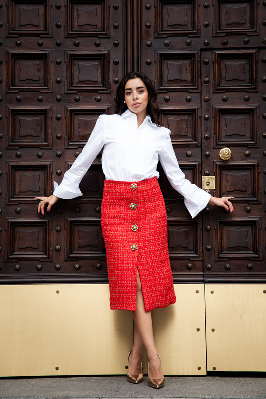 Gonna Giorgina Tweed Rosso con Bottoni Gioiello