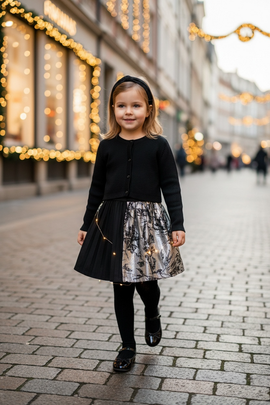 Gonna KIDS bicolore Duble lana nera e broccato argento