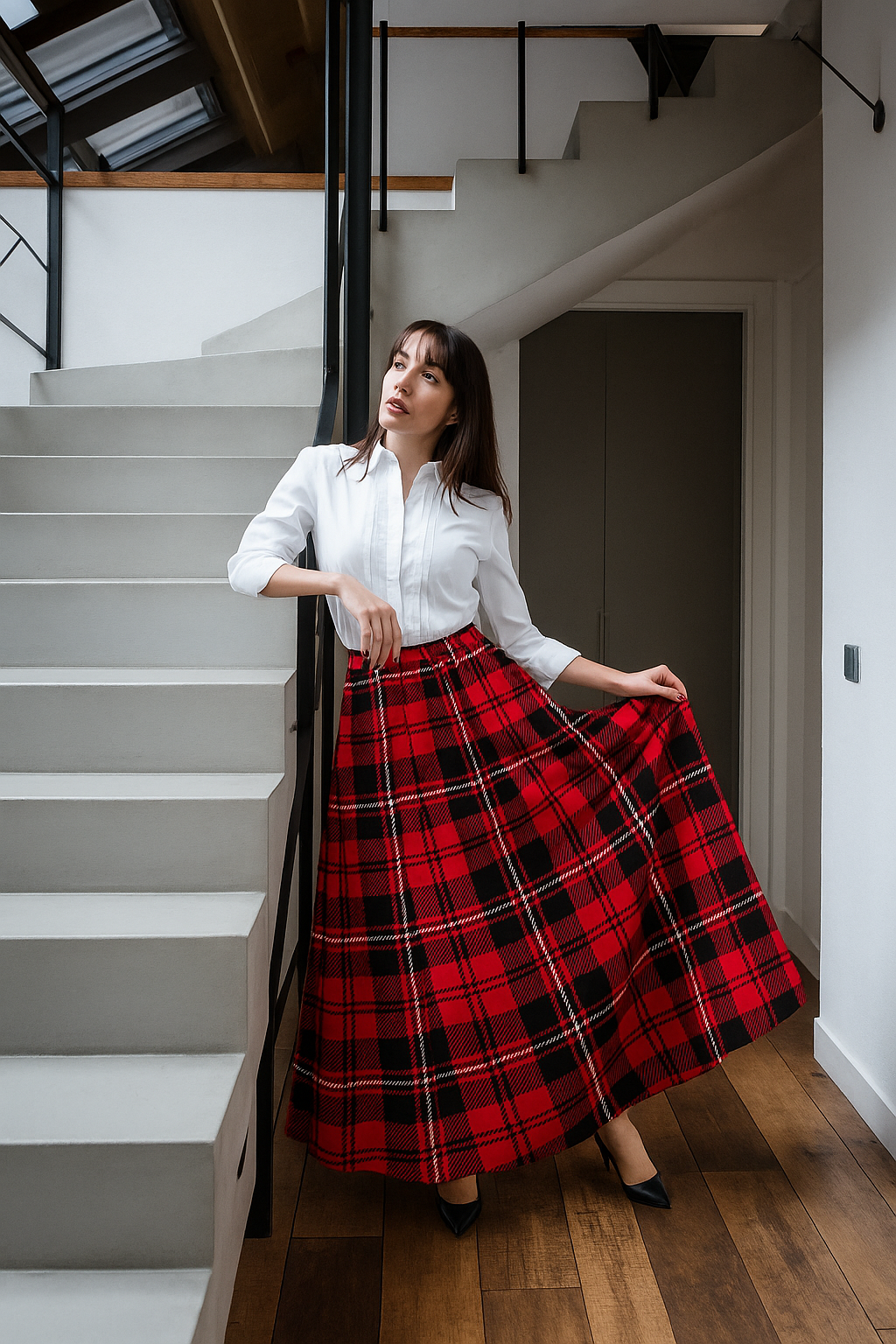 Gonna Valentina Tartan Tessuto Douchesse Scozzese Rosso e Nero