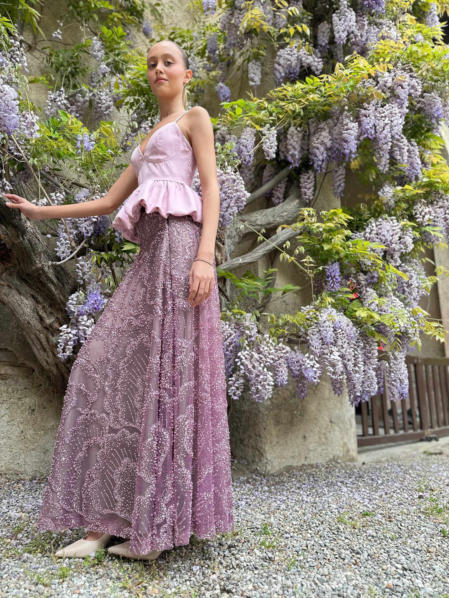 Gonna Valentina Paillettes e Cristalli LUXURY EDITION malva