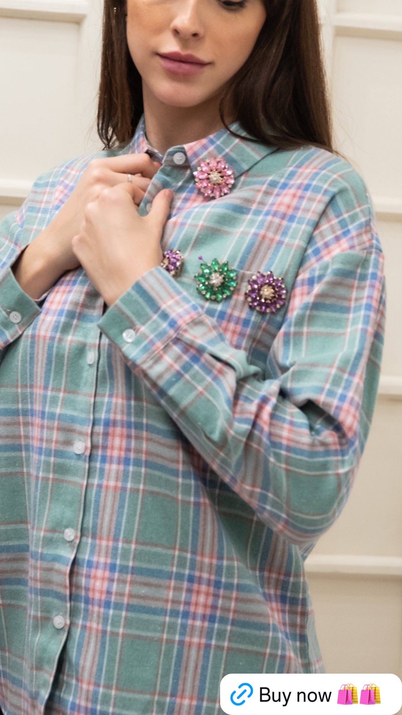 Camicia Verde quadri Rosa con Fiori