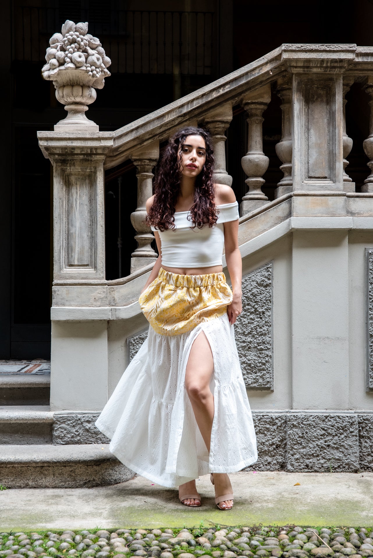 Gonna Franci Broccato Limone  e Cotone Ricamato