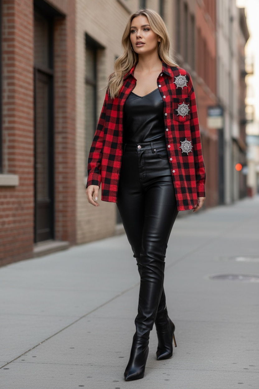 Camicia rossa quadri neri e 3 fiocchi di neve