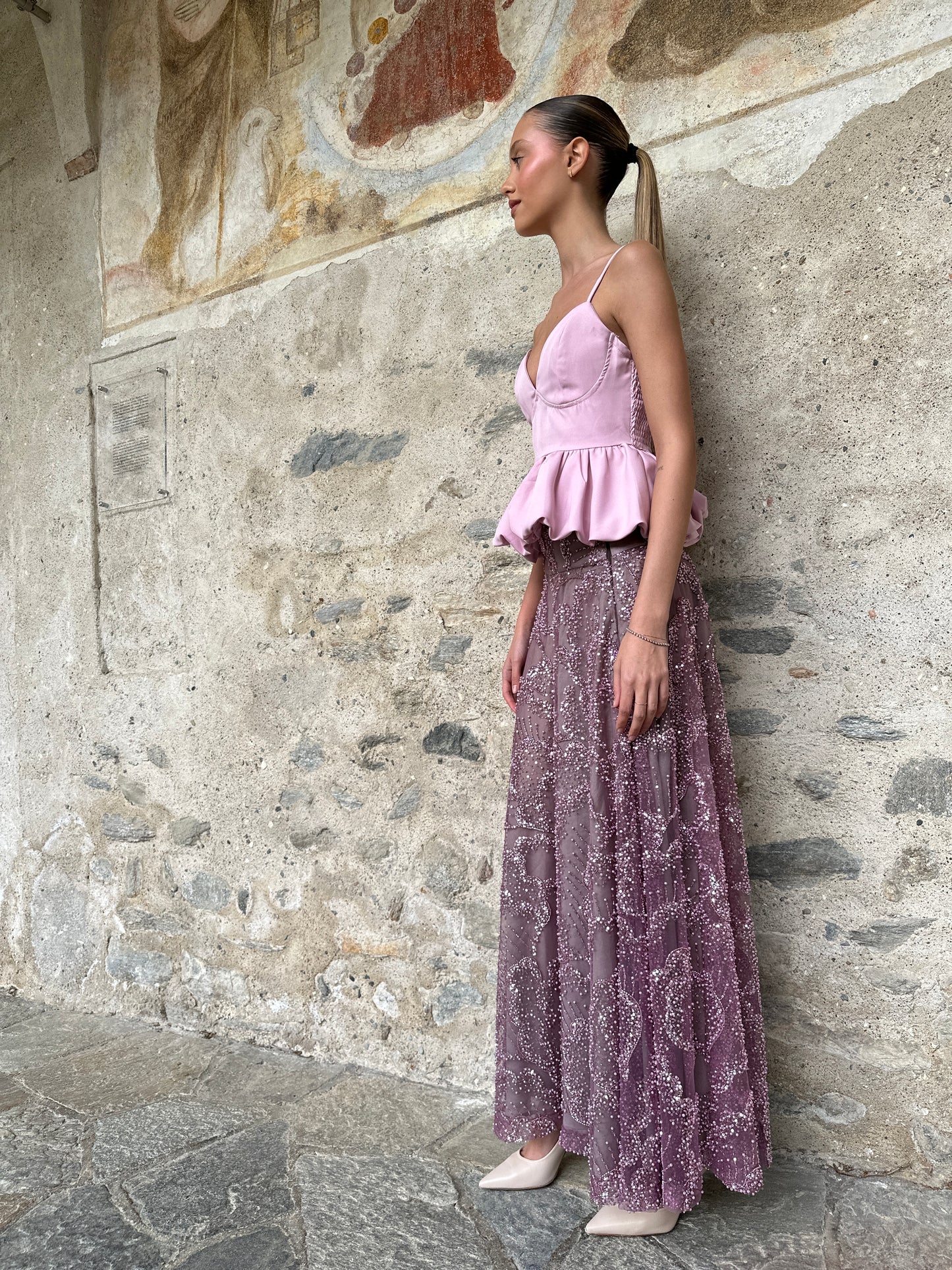 Gonna Valentina Paillettes e Cristalli LUXURY EDITION malva
