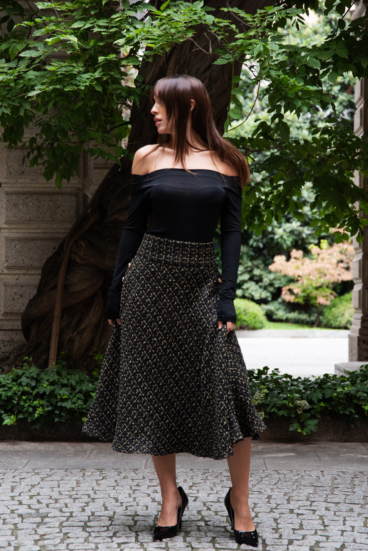 Gonna Valentina Midi’ Tweed Nero e Oro