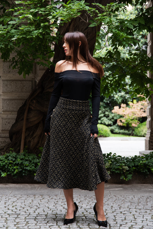Gonna Valentina Midi’ Tweed Nero e Oro
