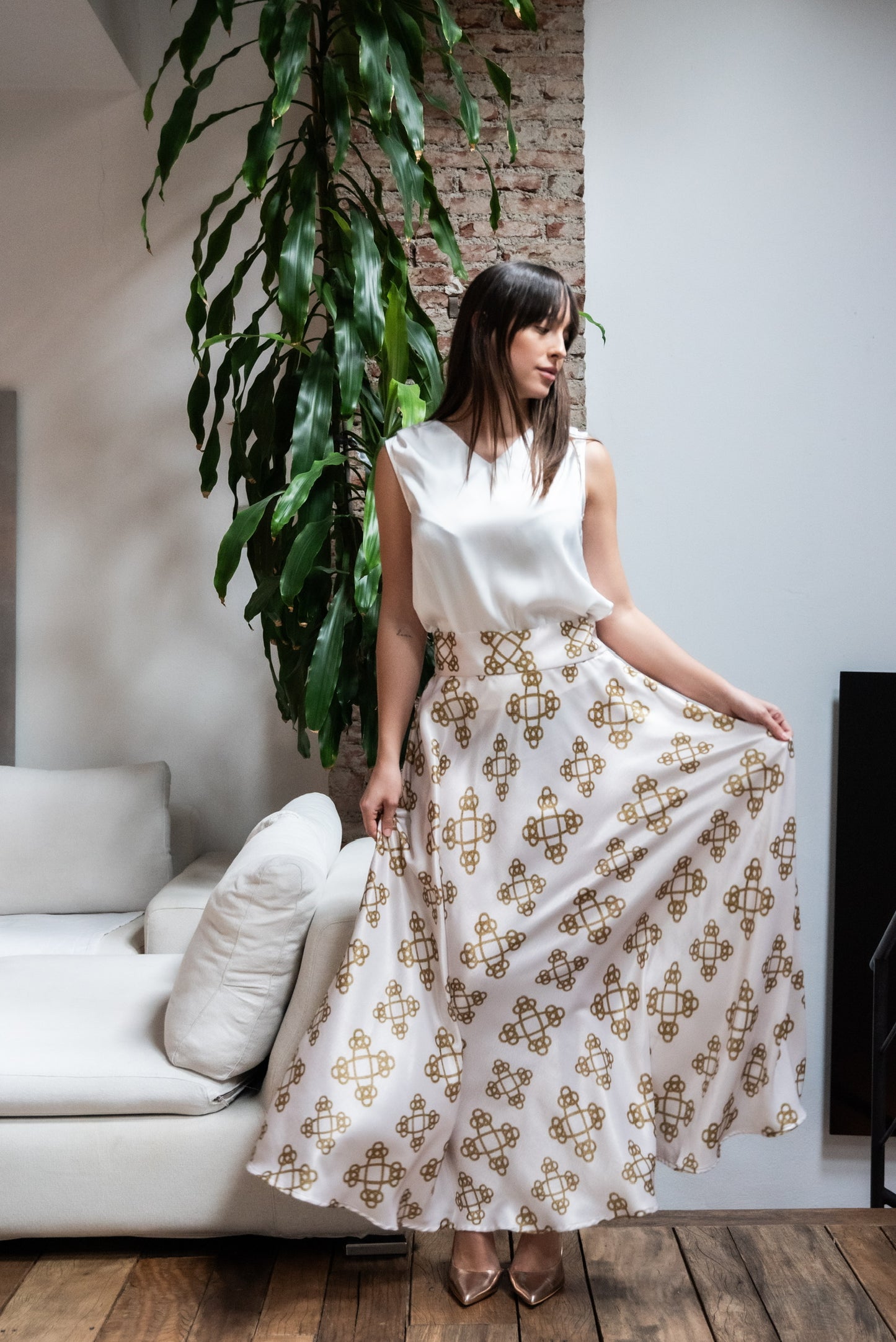 Gonna Valentina Catene Tessuto Satin Panna